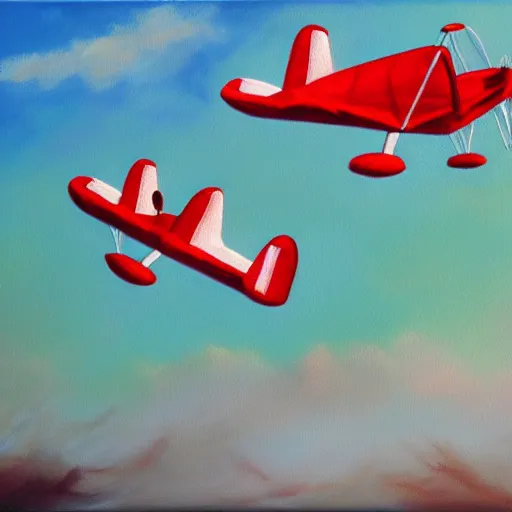 Image similar to 3 toy fox terriers flying a biplane, wearing red scarves flapping in wind, dramatic oil painting, aperture gradient