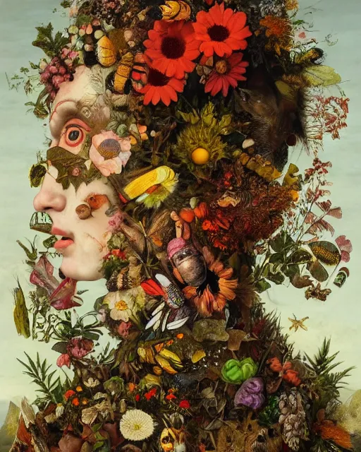 Image similar to A beautiful detailed full body portrait painting 'The Godes of nature' by Giuseppe Arcimboldo, flowers bees and birds everywhere, existential horror, Trending on cgsociety artstation, highly detailed, 8k, masterpiece, in the style of DiscoDiffusion.