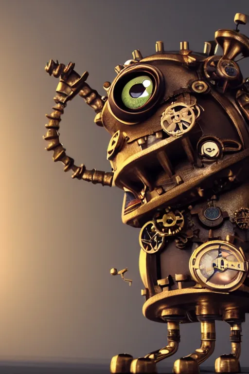 Prompt: a tiny cute steampunk monster with a central cog and tools, screws and big shiny glass eyes smiling and waving, isolated on white background, 3d occlusion, ultra hd, character design by Hayao Miyazaki and dave mckean, unreal 5, vray render, cinematic lighting, vibrancy