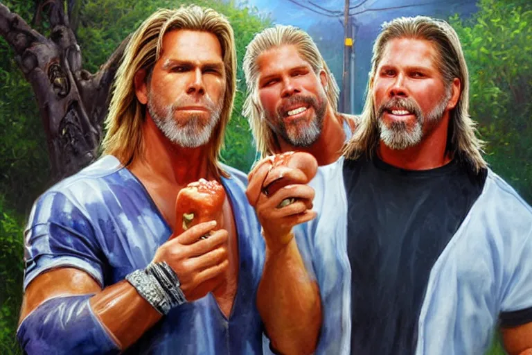 Image similar to portrait of wwf shawn michaels and wcw kevin nash sharing hotdogs, an oil painting by ross tran and thomas kincade