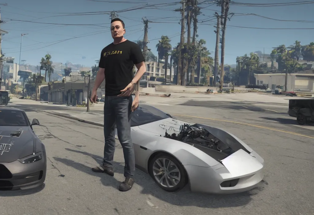 Image similar to elon musk in the video game in gta 5, gameplay screenshot, close up, 3 d rendering. unreal engine. amazing likeness. very detailed.