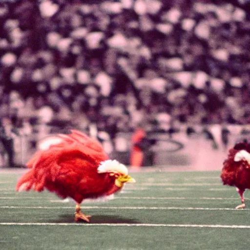 Image similar to the famous funky chicken runs across a football field, interrupting the big game, 3 5 mm