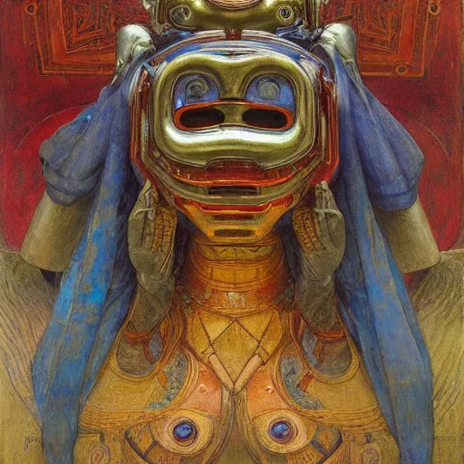 Image similar to the robot queen with her bird mask, by annie swynnerton and diego rivera and elihu vedder, symbolist, dramatic lighting, elaborate geometric ornament, art brut, soft cool colors, smooth, sharp focus, extremely detailed, adolf wolfli and donato giancola