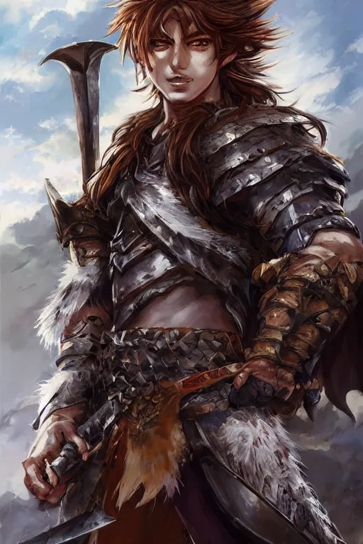 Image similar to A realistic anime portrait of a young handsome male barbarian with long wild hair, intricate fantasy spear, plated armor, D&D, dungeons and dragons, tabletop role playing game, rpg, jrpg, digital painting, by Stanley Artgerm Lau, Sakimichan, WLOP and Rossdraws, digtial painting, trending on ArtStation, SFW version