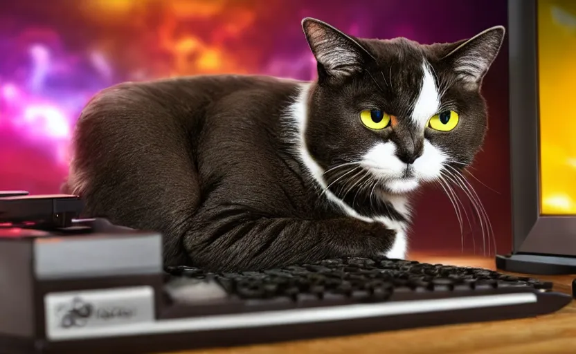 Prompt: a cat using a gaming computer, realistic, dark, rgb