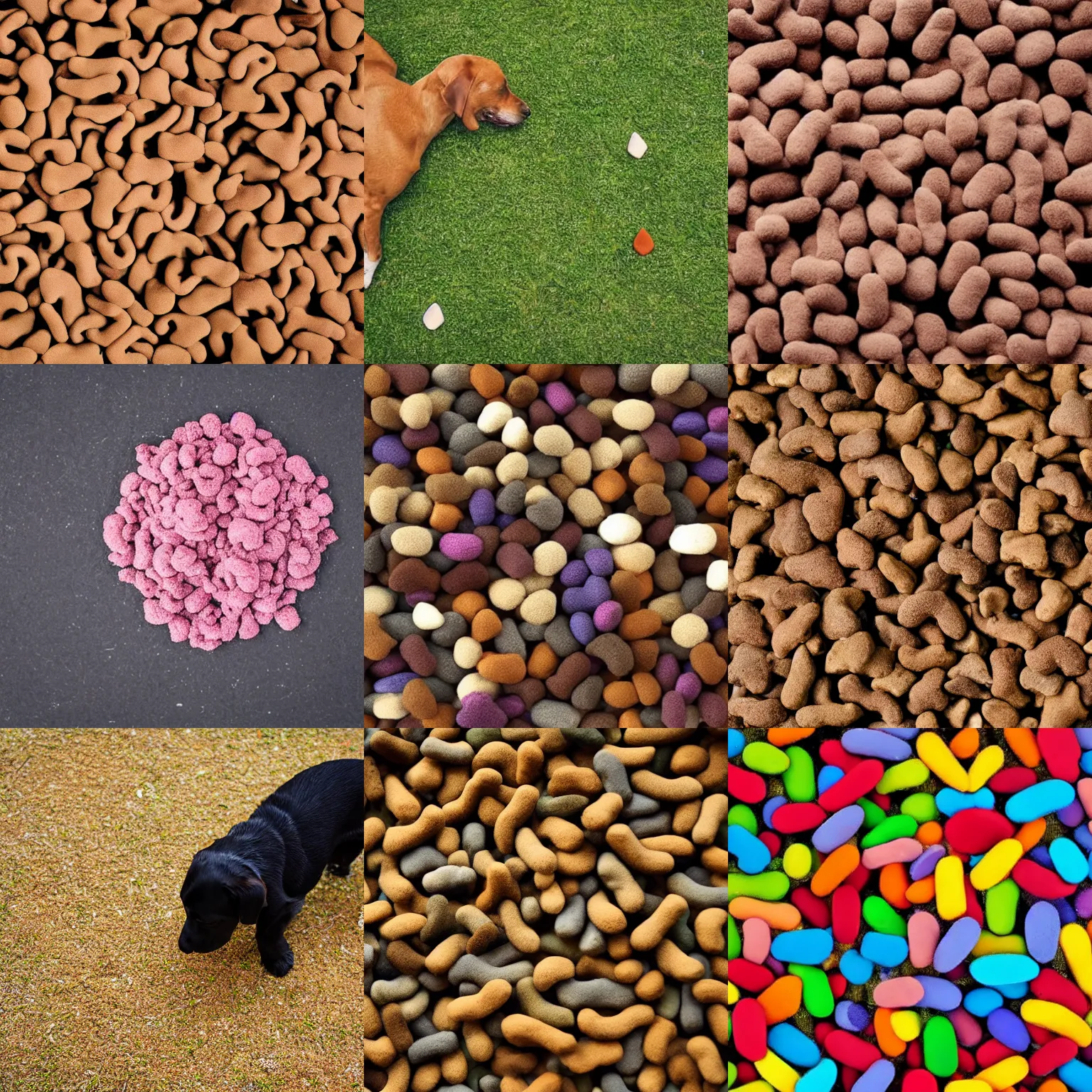 Prompt: different colors and shapes of dog poops