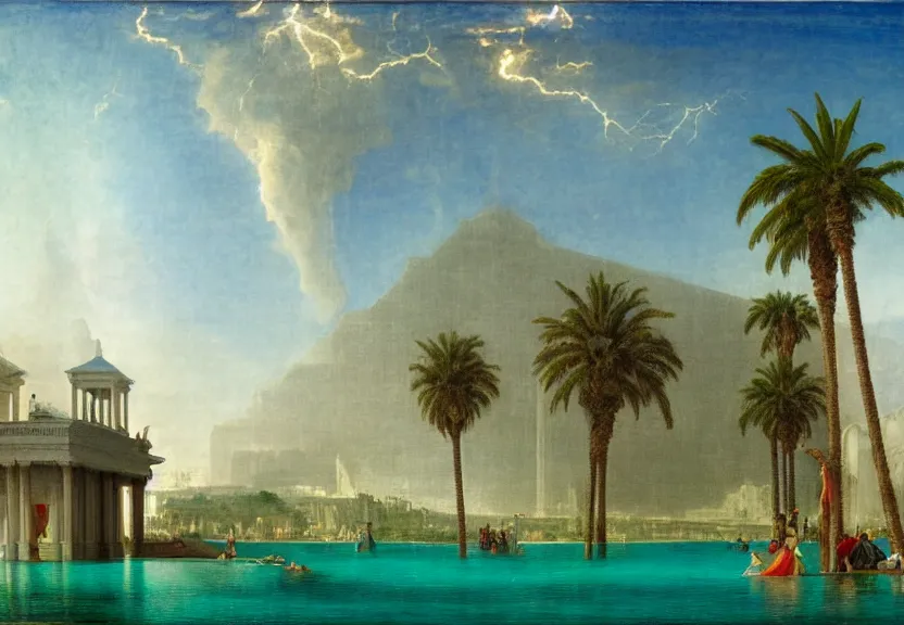 Image similar to Palace floating in the sky, 1km tall, thunderstorm, greek pool, beach and palm trees on the background major arcana sky, by paul delaroche, hyperrealistic 4k uhd, award-winning, very very very detailed