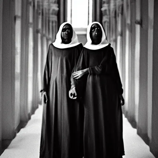 Prompt: black and white, award winning photo, levitating twin nuns, wearing pentgram necklace, Very long arms, in a sanctuary, eerie, frightening —width 1024 —height 1024