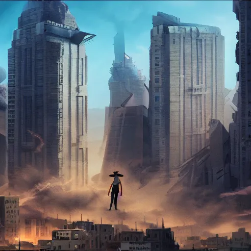 Prompt: giant man destroying the city, matte painting, concept art, 4k