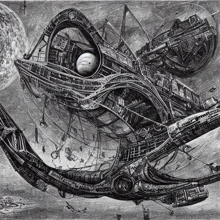 Image similar to atompunk space ship sailing the infinite cosmos, grand scale, raygun gothic style, astrophysics, mathematical drawing, painting by h. r. giger