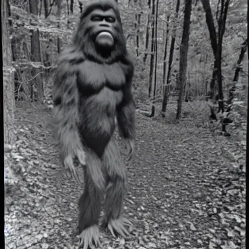 Image similar to 80s polaroid photo of the real bigfoot (not a man in a suit, oh no!) in the woods, candid flash photography