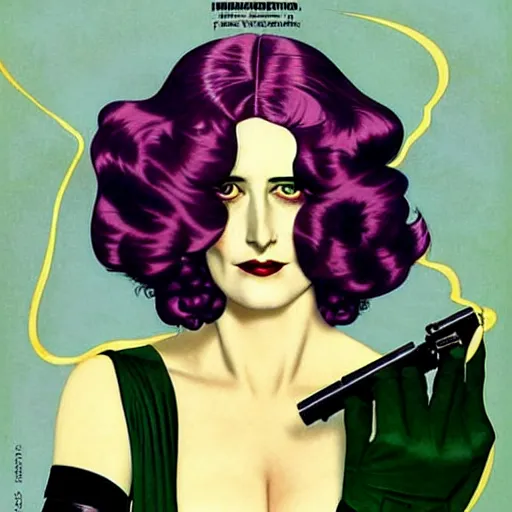 Image similar to Eva Green is Super Spy Captain, the Electric Woman, Art by Coles Phillips and Joshua Middleton, Chalk white skin, deep purple hair, Green eyes, Orange background, Mucha, Portrait of the actress, Eva Green as Metamorpho, carbon black and antique gold