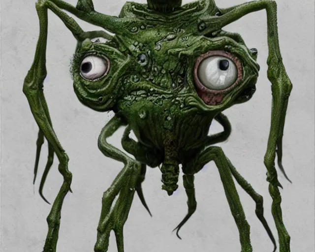 Image similar to Haunting horrifying hyperrealistic detailed painting of a tall slim spider extraterrestrial creature made of concrete stone brick, gelatinous green goop, heavy metal, disgusting, creepy, unsettling, and bloodshot eyeballs, hyper detailed, trending on Artstation