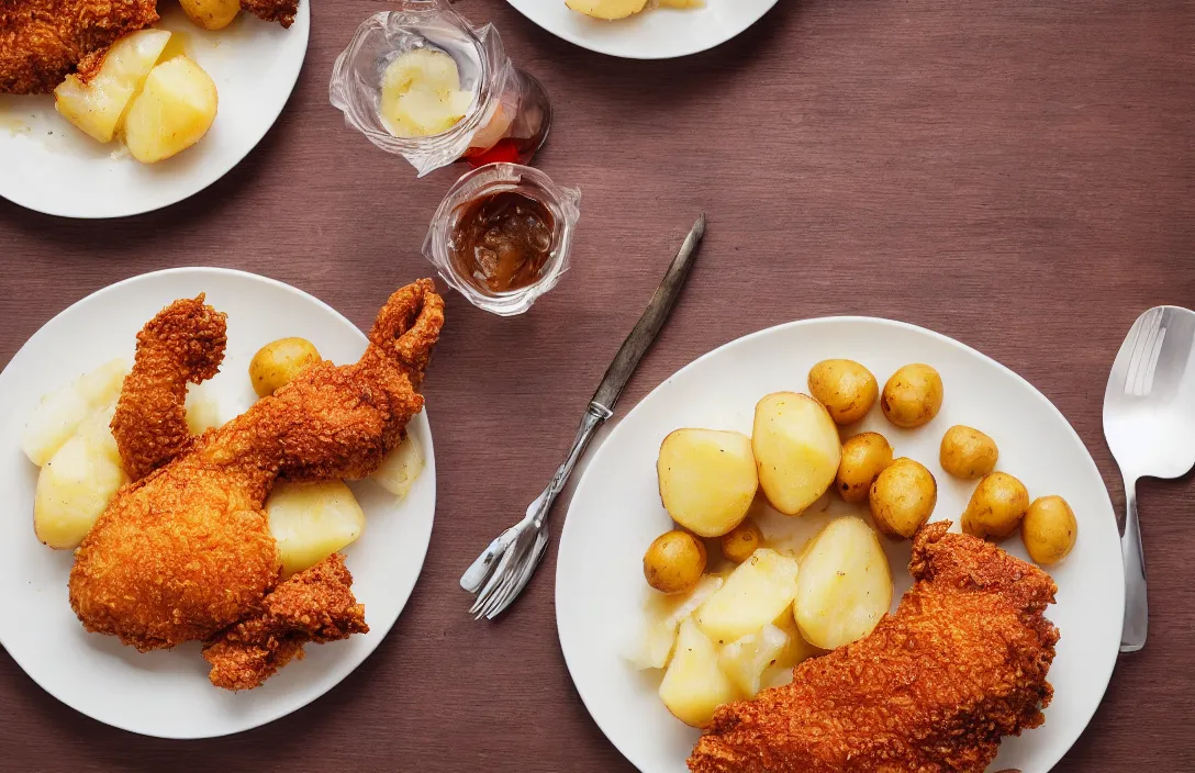 Prompt: KFC chicken on a plate, side of potatoes, food photography, award winning, Michelin restaurant