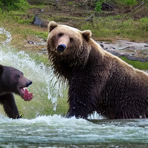 Image similar to a fish eating a grizzly bear in a river, ultra realistic, 4K, high definition, award winning, national geographic