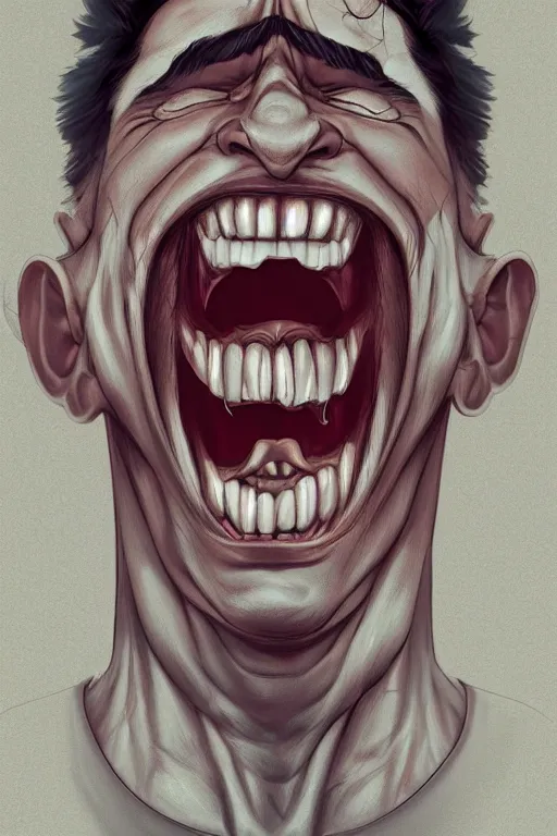 Prompt: digital portrait of a laughing man by rafa sandoval and shawn coss, centered, deviantart, artgerm