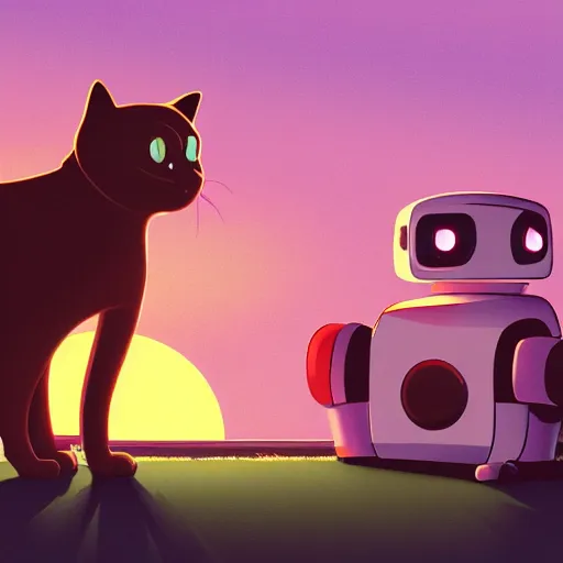 Image similar to a cat with a robot watching the sunset, digital art, smooth, detailed, artstation