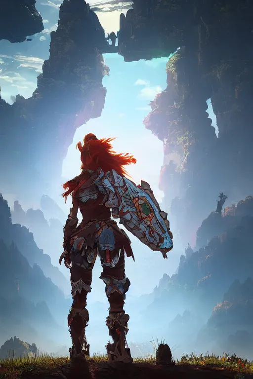 Image similar to combination suit armor aloy horizon forbidden west horizon zero dawn radiating a glowing aura global illumination ray tracing hdr fanart arstation by ian pesty and alena aenami artworks in 4 k tribal robot ninja mask helmet backpack