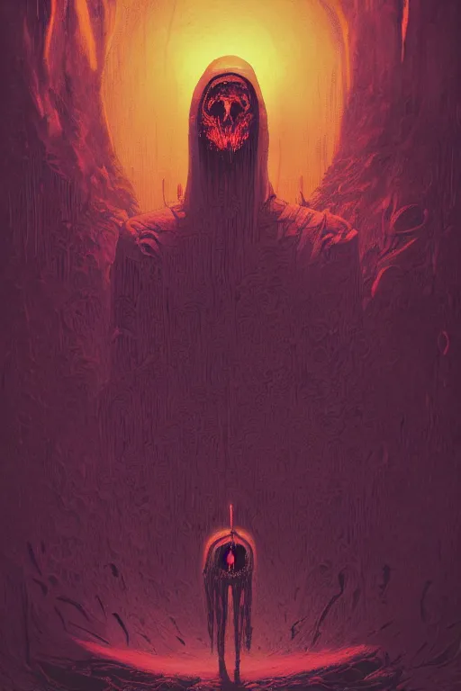 Image similar to hooded necromancer by marc simonetti and mike mignola and beksinski and giger and alton kelley, rising from the void, dark neon retrowave, purple, golden and mysterious, stopped in time, atmospheric, ominous, eerie, cinematic, epic, 8 k, 4 k, ultra detail, ultra realistic, rendered by awesomeness