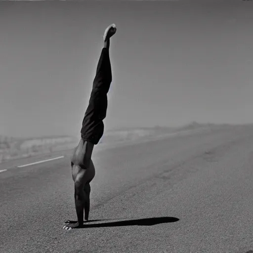 Image similar to a profile shot of barack obama doing a handstand on the highway, highly detailed, 8 k resolution, 1 9 0 0 s picture,