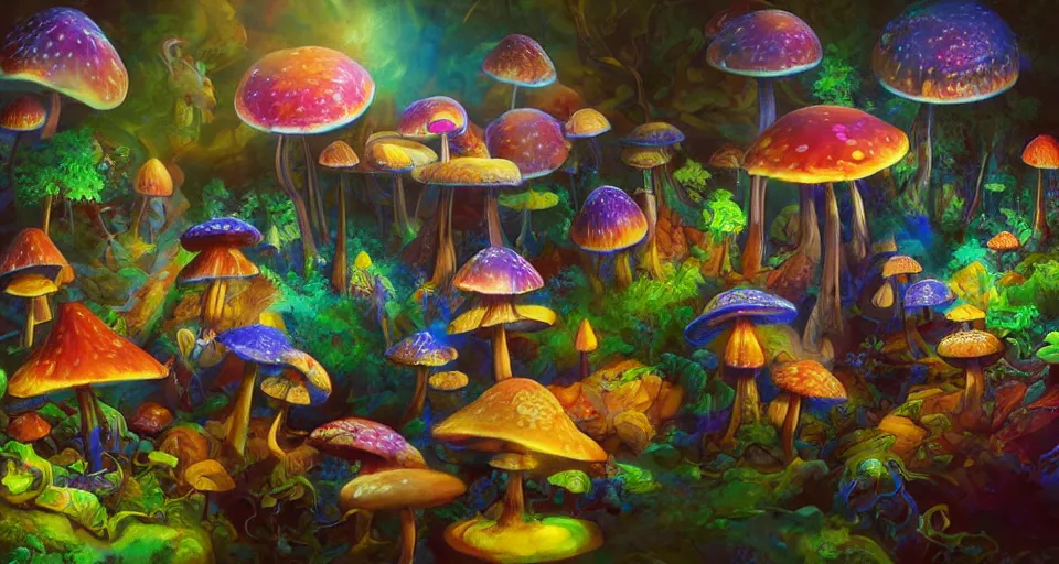 Image similar to a beautiful painting of trippy mushrooms by Tokio Aoyama, Mario Martinez, David Normal. photorealistic, trending on artstation, dramatic lighting, 8K, fantasy beautiful, surreal, cinematic.