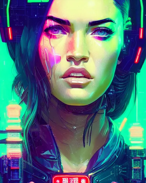 Image similar to detailed portrait Megan Fox Neon Operator Girl, cyberpunk futuristic neon, reflective puffy coat, decorated with traditional Japanese ornaments by Ismail inceoglu dragan bibin hans thoma greg rutkowski Alexandros Pyromallis Nekro Rene Maritte Illustrated, Perfect face, fine details, realistic shaded, fine-face, pretty face