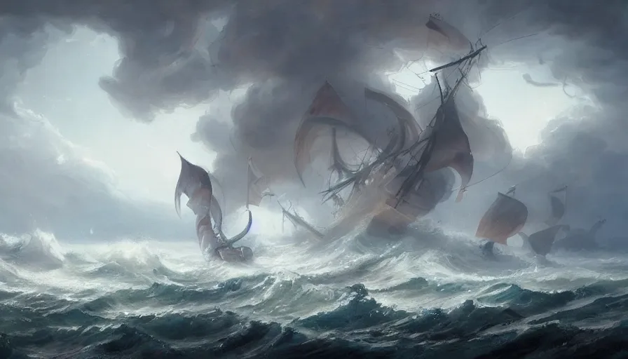 Prompt: A beautiful painting of a kraken attacking a sailing ship in a stormy sea by greg rutkowski and Kalin Popov , Trending on artstation HD.