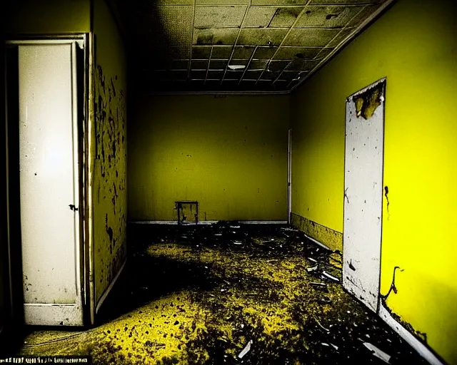 Image similar to the backrooms, the eerie forlorn atmosphere of a place that's usually bustling with people but is now abandoned and quiet, walls with tone of yellow, buzzing fluorescent lights, unsettling images