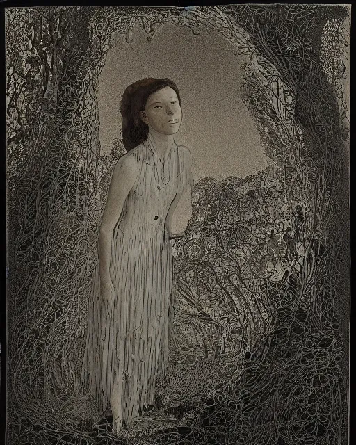 Image similar to a woman standing at the mouth of a cave, made of intricate decorative lace leaf skeleton, in the style of the dutch masters and gregory crewdson, dark and moody