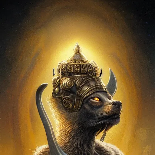 Prompt: breathtaking soft painting of angry anubis with a third eye in her forehead with an intricate retrofuturistic helmet in a golden sky, realistic symmetrical face features, rembrandt style, elegant, highly detailed, artstation, concept art, matte, sharp focus, art by tom bagshaw, and greg rutkowski