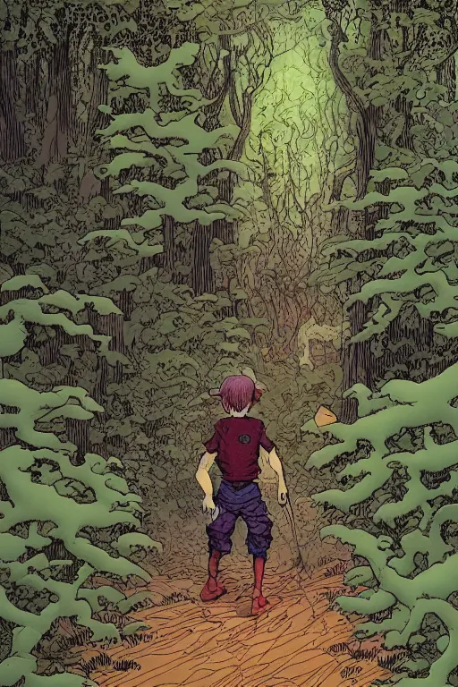 Prompt: young boy entering a huge mysterious and ominious forest with a monster in the distance, path, mushrooms, very graphic illustration by jean giraud and mike mignola, drawing, yoshitaka amano vibe, clean line, colorful comics style, dynamic light