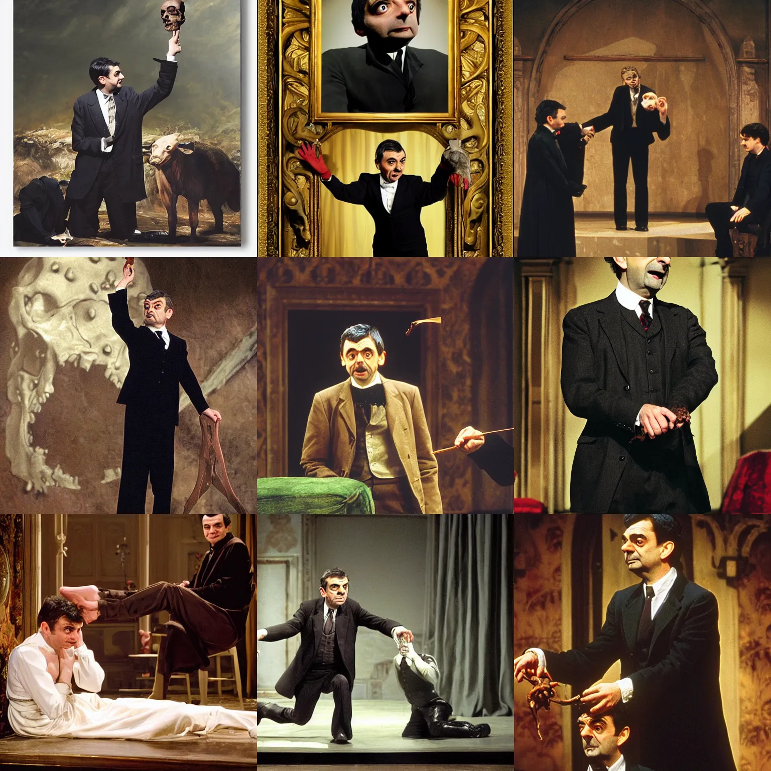 Prompt: mr bean ( rowan atkinson ) plays ( ( ( hamlet ) ) ) and raises a skull on a stag., dramatic, ( ( stage lights ) ), sharp focus, photorealistic, ( ( theatrical ) ), dramatic, directed by robin lough, inspired by laurence olivier, theater poster made by john everett millais