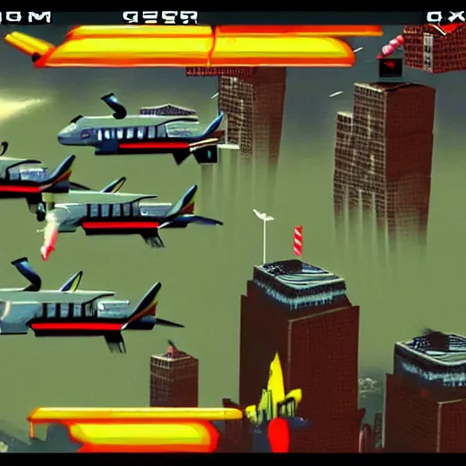 Image similar to a screenshot from the video game super 9 / 1 1, in which players control planes and intend to hit as many towers as possible, multiplayer party game, video game screenshot