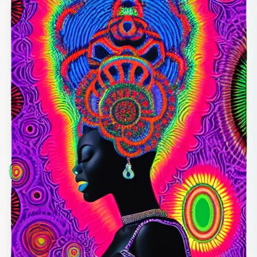 Prompt: Georgia Anne Muldrow, afro-psychedelia, afrocentric mysticism, in the style of Greg Hildebrandt