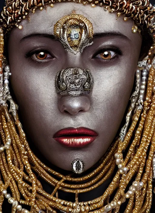 Image similar to hyperrealism, detailed textures, award winning autochrome photo, symetrical africanpearl old screaming medusa queen autochrome pearl portrait, pearl silverplate, intricate, detailed facial pearl scary animal mask, pearl, golden jewelery, silverplate, ultra realistic, cinematic, intricate, cinematic light by steve mccurry, unreal engine 8 k