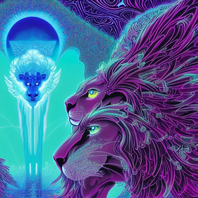 Image similar to mysterious winged lion over crystal temple, infinite fractal tesseract, quantum waves, synthwave, bright neon colors, highly detailed, cinematic, eyvind earle, tim white, philippe druillet, roger dean, ernst haeckel, lisa frank, aubrey beardsley, kubrick