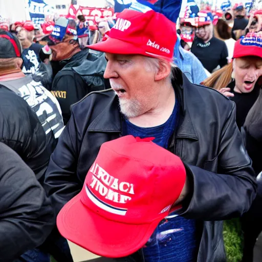 Prompt: a trump supporter with a MAGA cap licking a leather boot