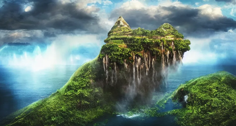 Image similar to A magnificent floating island in the sky above the sea, defying gravity, floating and flying island, waterfall, epic lighting, epic composition, highly detailed