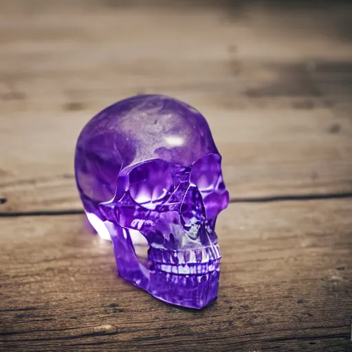 Image similar to high quality photo of crystal amethyst skull, photography 4k, f1.8 anamorphic, bokeh, 4k, Canon, Nikon