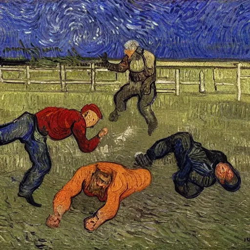 Prompt: 3 drunks fall over mud - wrestling,, oil painted ( ( ( ( ( ( by van gogh ) ) ) ) ) )
