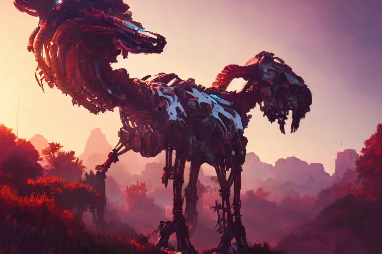 Image similar to tallneck machine creature robot of horizon forbidden west horizon zero dawn radiating a glowing aura global illumination ray tracing hdr fanart arstation by ian pesty and alena aenami artworks in 4 k