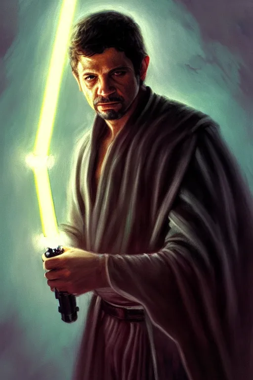 Image similar to breathtaking detailed concept art painting of a jedi luis inacio lula da silva holding a lightsaber, exquisite detail, extremely moody lighting, 8 k