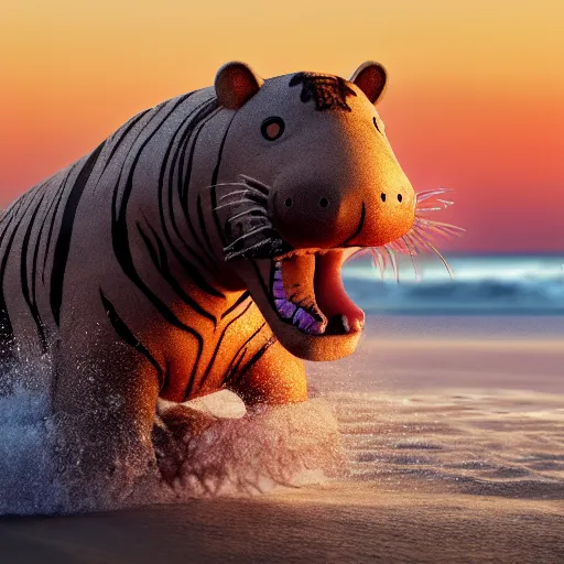 Image similar to a closeup photorealistic photograph of a cute stylish tiger hippo playing volleyball at the beach during sunset. Surf in the background. This 4K HD image is Trending on Artstation, featured on Behance, well-rendered, extra crisp, features intricate detail and the style of Unreal Engine.