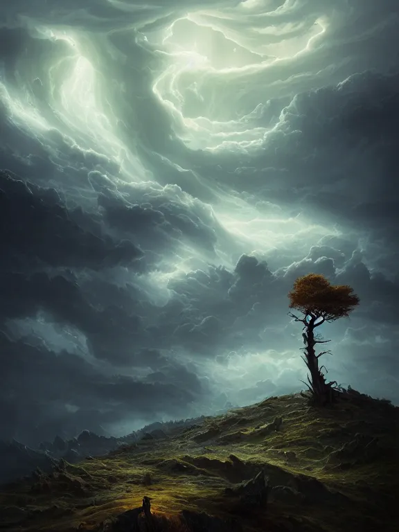 Prompt: photo of 8k ultra realistic lone dead tree on hill surrounded by swirling clouds and lighting, dark, menacing, full of colour, cinematic lighting, battered, trending on artstation, 4k, hyperrealistic, focused, extreme details,unreal engine 5, cinematic, masterpiece, art by Peter Mohrbacher