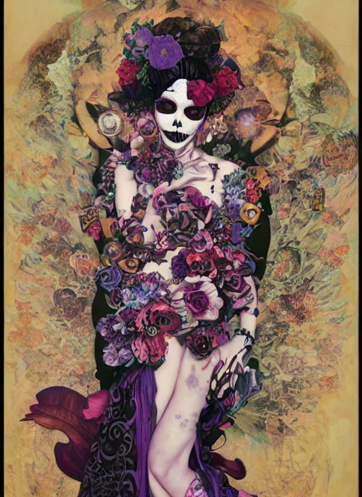 Prompt: cute punk goth fashion fractal Día de los Muertos tattoed girl posing by Zhang Jingna, poster art by Hannah Höch Victor Moscoso Dan Mumford Kilian Eng Hannah Jeffrey Smith Rick Griffin Alphonse Mucha Gustav Klimt Ayami Kojima Amano Charlie Bowater, violet and black