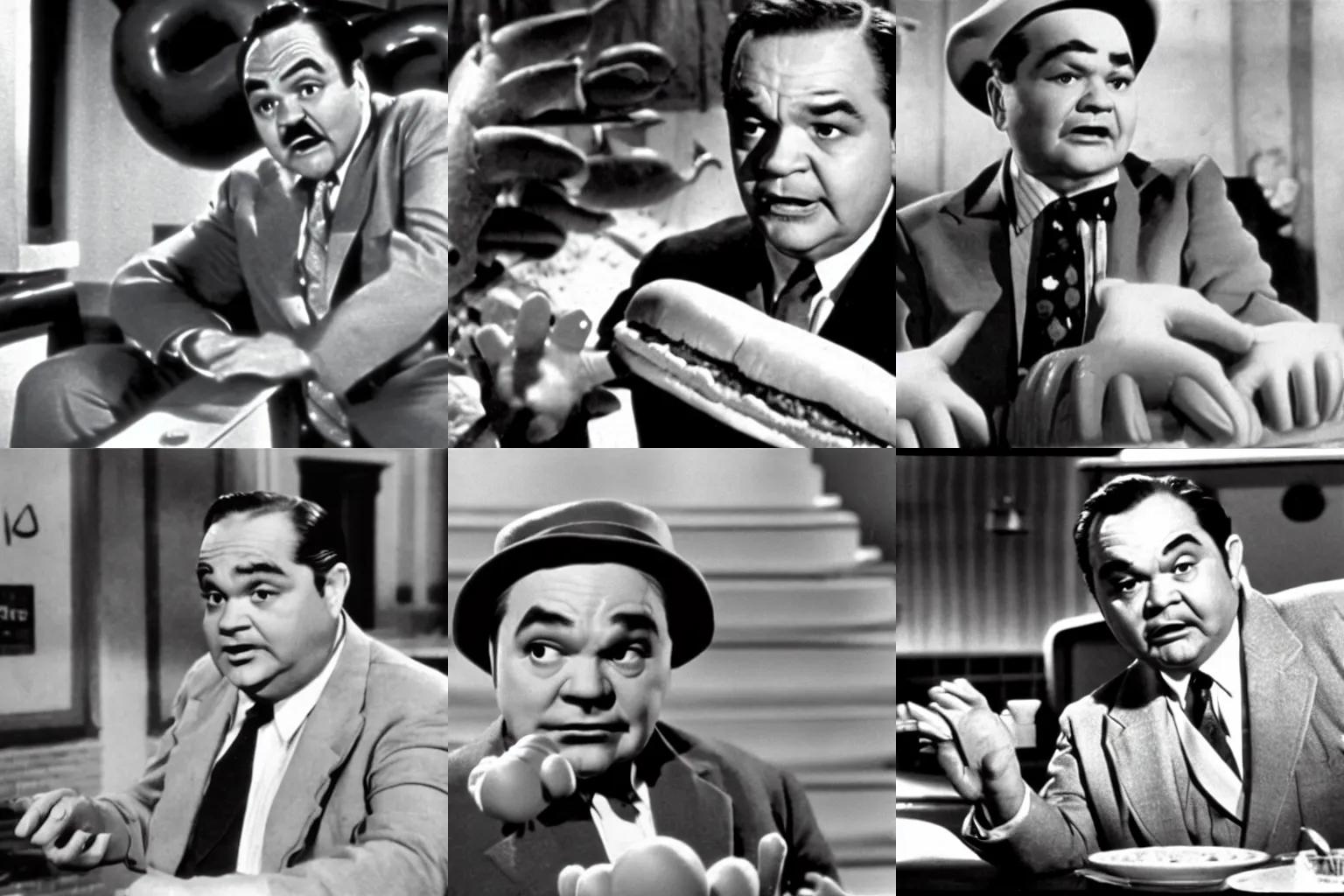 Prompt: movie still of Edward G Robinson in 'Hot Dog monster vs Hamburger monster' by Fritz Lang