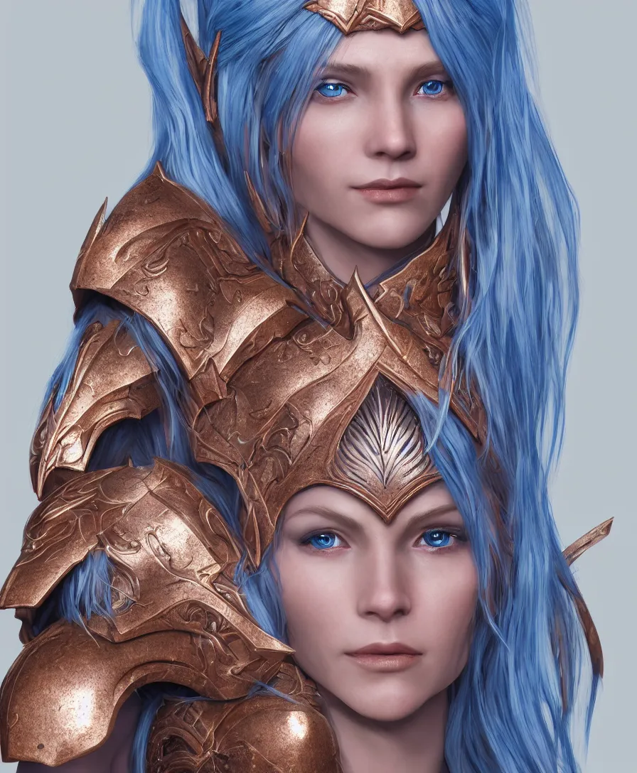 Prompt: a beautiful and highly detailed digital portrait of a dignified female elven paladin with blue hair in rose gold armor by clint cearley, headshot, centered, artsation contest winner, artstation hd, cgsociety, fantasy art, cryengine, concept art, photorealism, daz 3 d, sketchfab, zbrush, vray