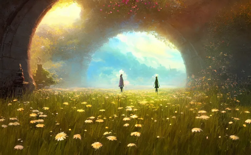 Prompt: portal to another world in a field of daisies, painting by craig mullins, octane rendering, soft morning lighting, wide angle lens, in the style of hayao miyazaki, trending on artstation