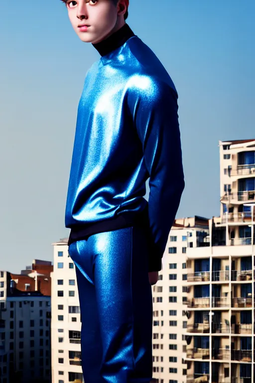 Image similar to un ultra high definition studio quality photographic art portrait of a young man standing on the rooftop of a british apartment building wearing soft padded silver pearlescent clothing. three point light. extremely detailed. golden ratio, ray tracing, volumetric light, shallow depth of field. set dressed.