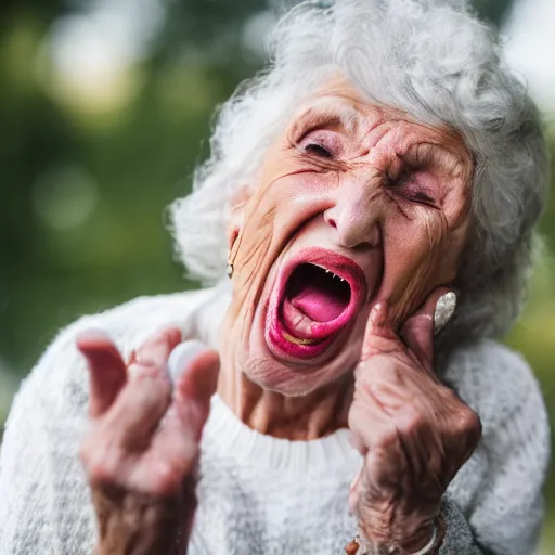 Image similar to elderly woman screaming at a party, canon eos r 3, f / 1. 4, iso 2 0 0, 1 / 1 6 0 s, 8 k, raw, unedited, symmetrical balance, wide angle